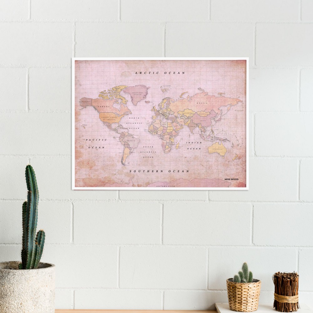 Woody Παγκόσμιος Χάρτης Φελλού με στυλ νερομπογιάς - Dusty Rose - L - Λευκό Κάδρο